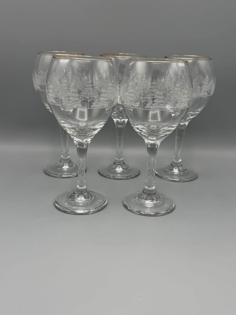 Set of 5 Vintage Libbey Frosted Glasses Winter Tree Scene Wine Goblets Gold Rim